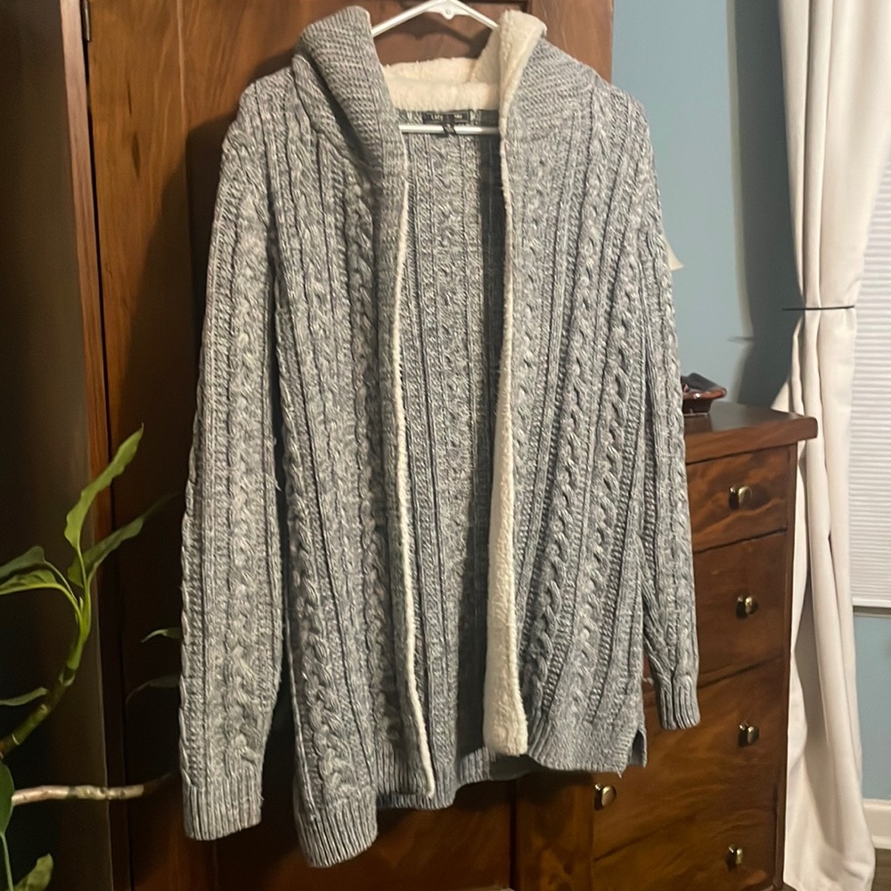 Gray cable knit and Sherpa lined sweater coat